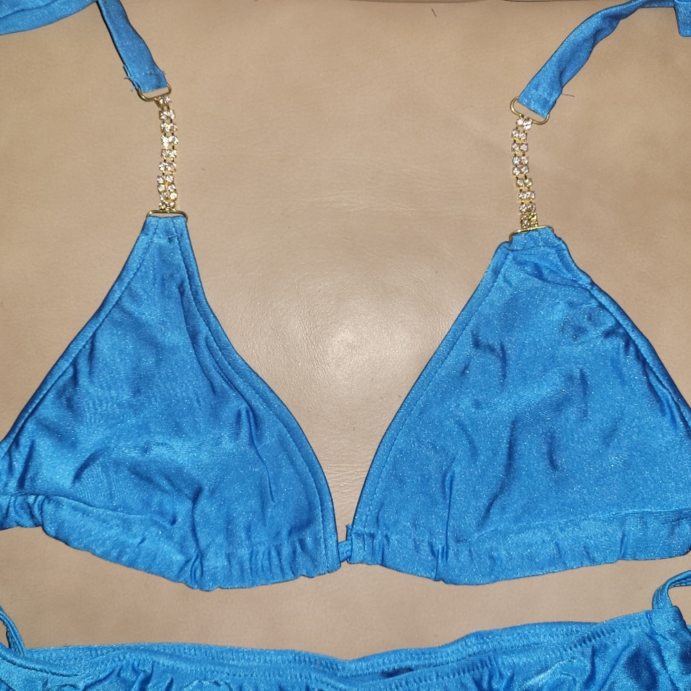 Light Blue Bling Tri-Top Tie-Side Bottom Bikini - Picture 3 of 7